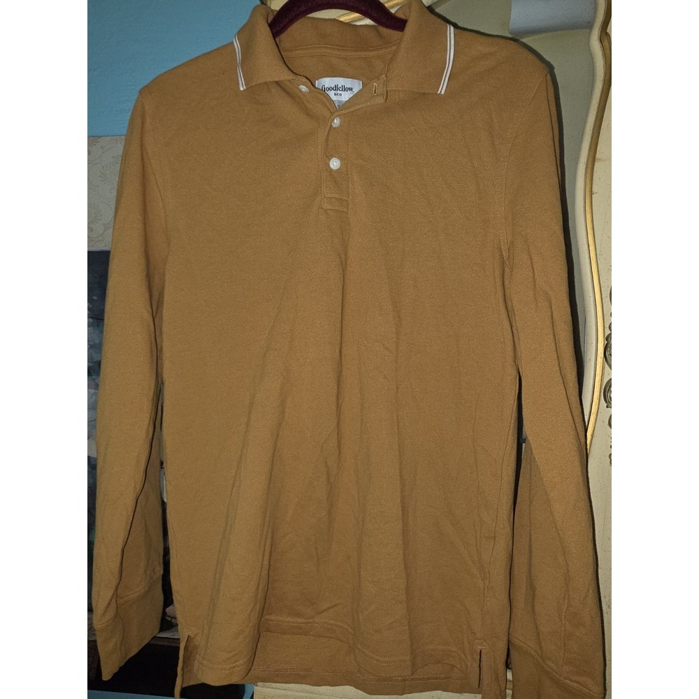Goodfellow & Co Mens S Long Sleeve Polo Shirt Mustard Brown Pique Collared